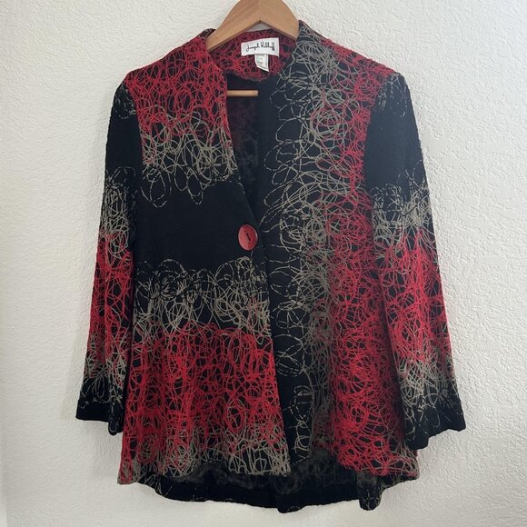 Joseph Ribkoff  Blazer Jacket Womens 8 Black Red Textured Button Art to Wear 80s - Picture 1 of 9